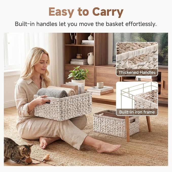 StorageWorks Large Wicker Baskets for Storage, Water Hyacinth Storage Baskets for Organizing, Wicker Storage Baskets for Shelves, White, 2-Pack, Large & Medium