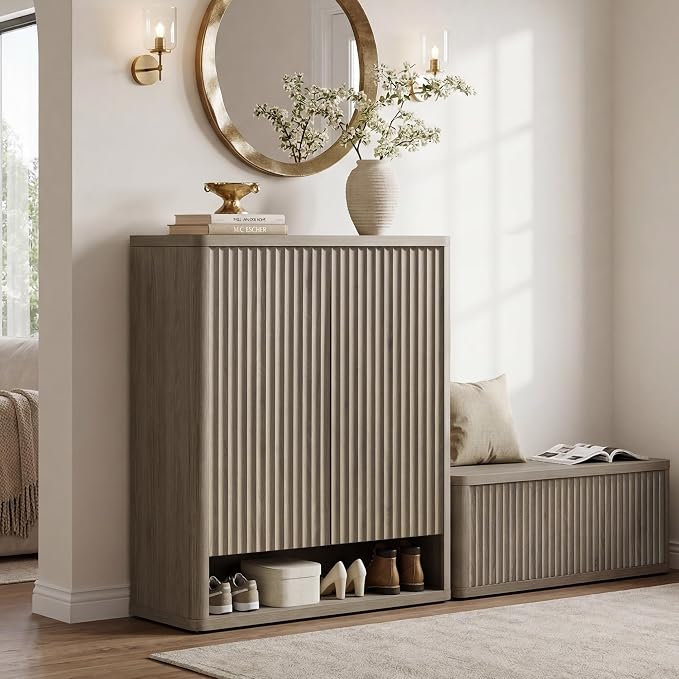 SICOTAS Shoe Cabinet 44 inch Tall Fluted Shoe Cabinet with Doors & 4 Shelves Wooden Large Hidden Shoe Storage Organizer Modern Free Standing 6-Tier Cabinet for Entryway Living Room Closet