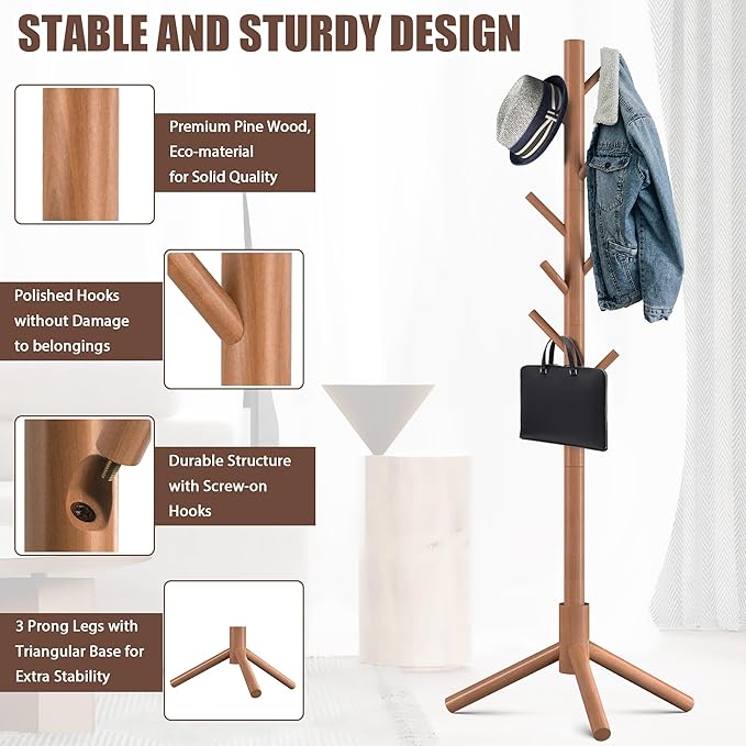 Haddockway Wooden Coat Rack Stand with 8 Hooks New Zealand Pine 3 Adjustable Coat Standing Tree Easy Assembly for Coats, Hats, Scarves and Handbags for Entryway, Hallway, Bedroom, Office,2 PCS