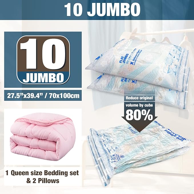 10 Jumbo Vacuum Storage Bags for Bedding, Vacuum Seal Bags for Clothing | Extra Large XL, Airtight Triple Seal, Save 80% Space, Hand Pump, Work with Vacuum, Double Zip, Reusable, Easy to Use