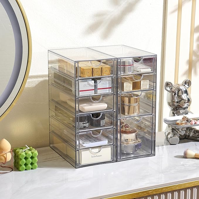 Prsildan Hair Accessories Organizer Acrylic Drawer with 10 Drawers | Clear, Craft Art Supply Storage, For Office Desk Bathroom Vanity Countertop, Set of 2