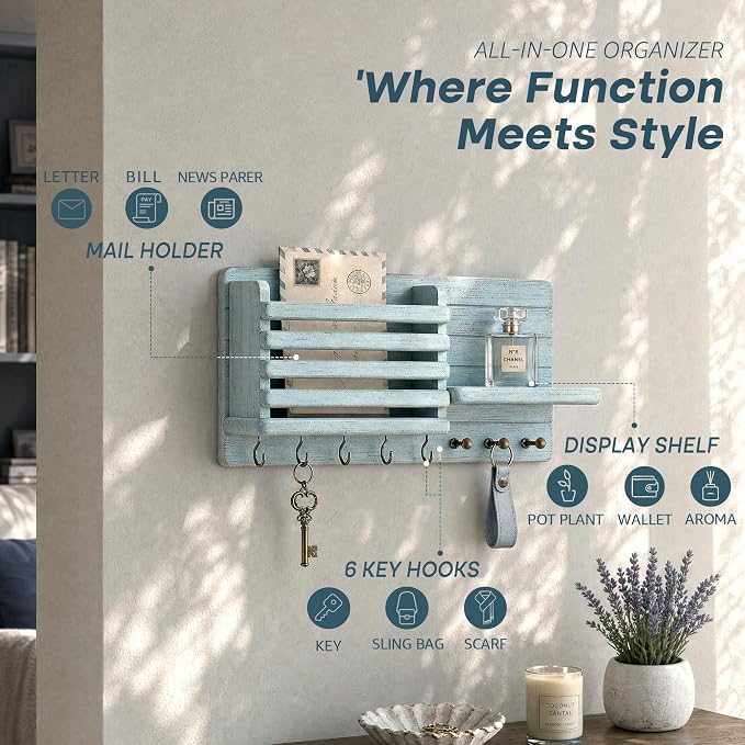 Rebee Vision Key Holder Wall Mount with Mail Slot for Room Decor, Blue | Pine Wood, Key Holder for Wall, 8 Key Hooks, Mail Organizer, Paper Storage, Wall Organizer, key Hanger Apartment Aesthetic