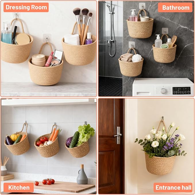 5 Pcs Woven Wall Hanging Baskets, Boho Storage Organizers Fabric Pouches Wall Mounted Bag for Home Office Living Room Decor, Brown