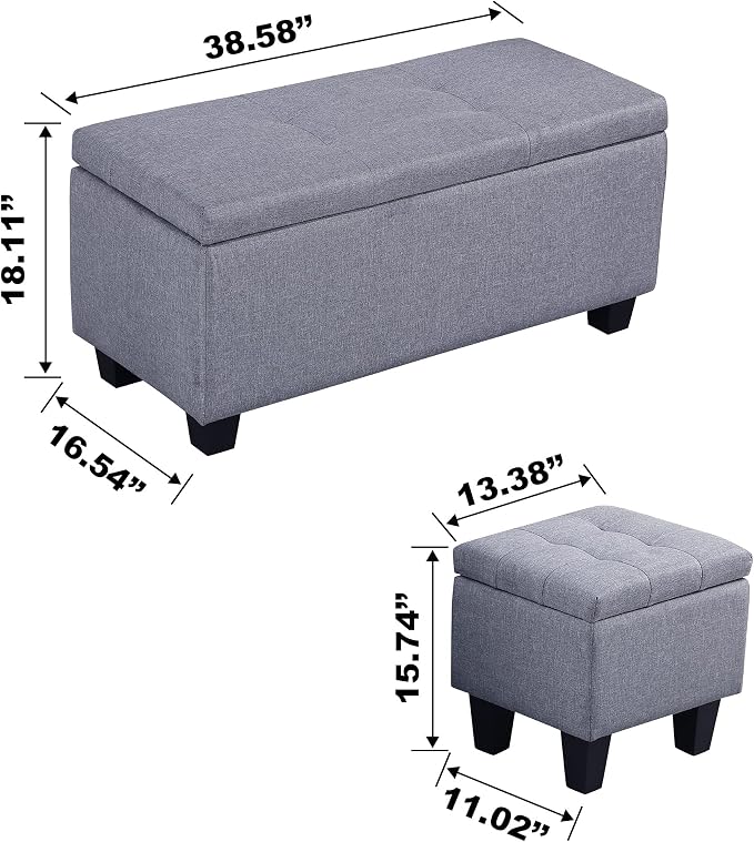 38'' Hinged Storage Ottoman w/Small Foot Stools, Set of 3, Grey | No Tools Assembly, Classical Tufted Cushion Top, Soft Linen Fabric, Large Store Capacity, for Entryway, Window, End of Bed