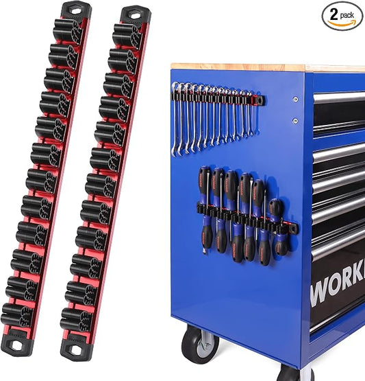 WORKPRO Magnetic Screwdriver and Wrench Organizer Set, 24-Slot Tool Holders | 2-Pack Aluminum Rails, Magnetic Force, Flexible High-Tension Tool Clips, For Tool Box Drawer & Wall-Mount Storage