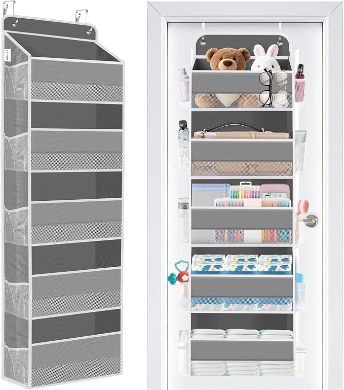 Over The Door Organizer Storage Large Capacity Hanging Bedroom Storage | 5 Shelves, 40 LB Capacity, Foldable Mesh Design, Clear Window, Sturdy, Large Storage Organizer for Nursery, Pantry & Closet