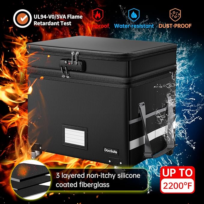 DocSafe Fireproof Document Box with Lock,2-Layer File Box with Wheels,Collapsible File Storage Organizer with Pockets,Large Portable Home Filing Cabinet for Hanging Folders,Black,16''x13.8''x12.2''