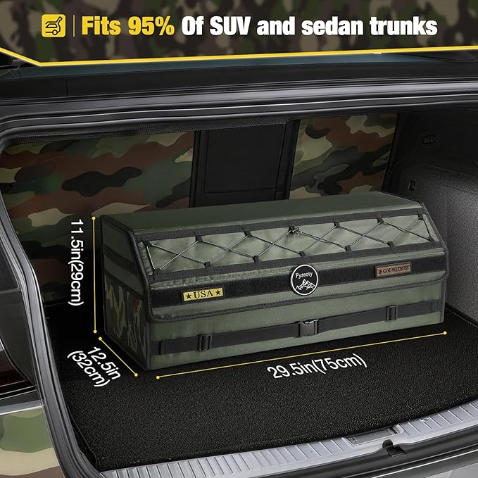 Fyzeoty Car Trunk Organizer for SUV and Sedan, Tactical‑Green, 29.5 in | Tactical & Aerospace Oxford, Extra‑Large, Hinged Lid, Collapsible & Adjustable, Water‑Resist & Dust‑Proof