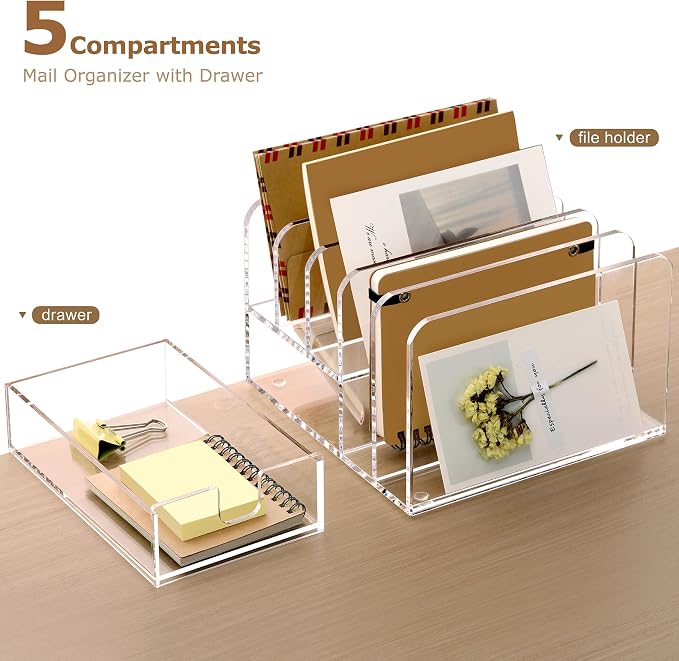 Acrylic Mail Sorter Desk Organizer Holder with Drawer, 5 Compartments Clear | Small File Script Letter Document Storage for Desk Bill Filling Envelope Holder Office, Home, School Organization