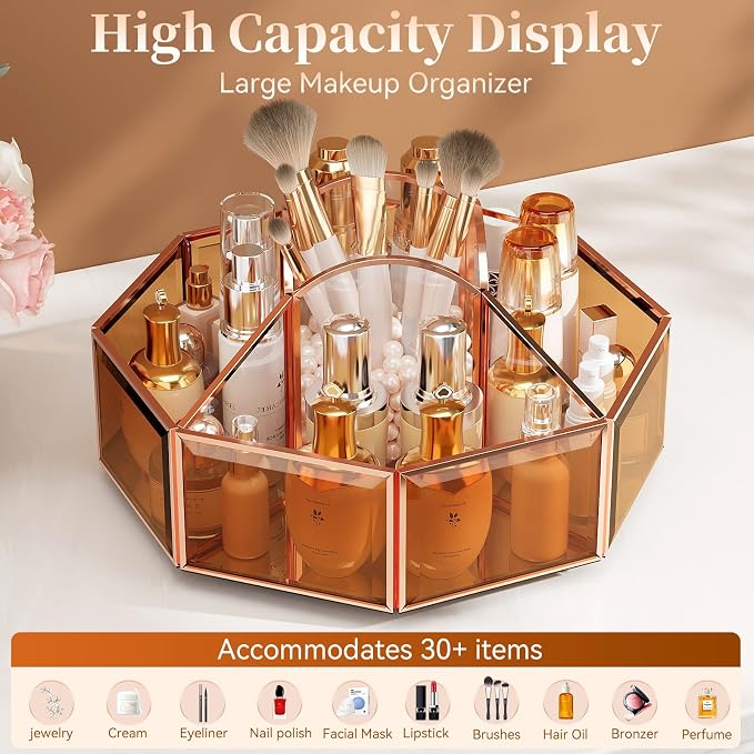 CoralHouse Rotating Glass Makeup Organizer for Vanity with Brush Holder | 5 clear compartments organize lipstick, perfume, palettes and skincare on a vanity, bathroom countertop or beauty station
