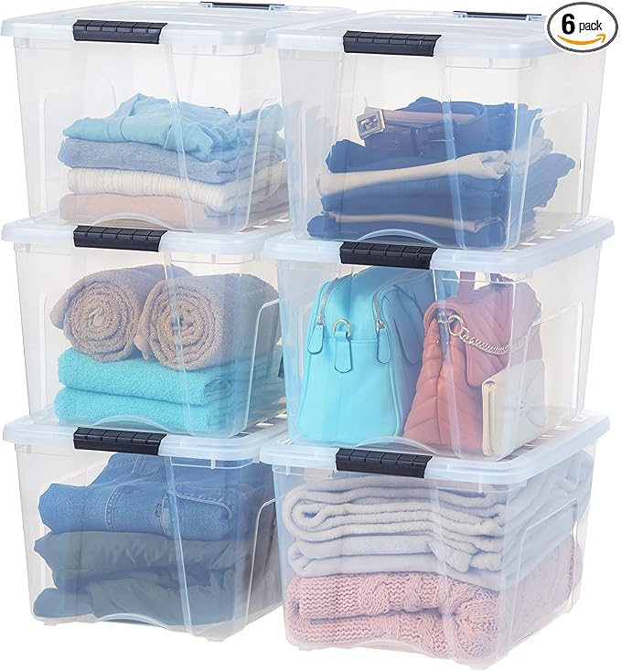IRIS USA 6-Pack 40 Quart Storage Bins with Lids, Clear | Transparent design makes contents easy to find. Perfect for moving, blankets, clothing, and garage storage. Nestable design