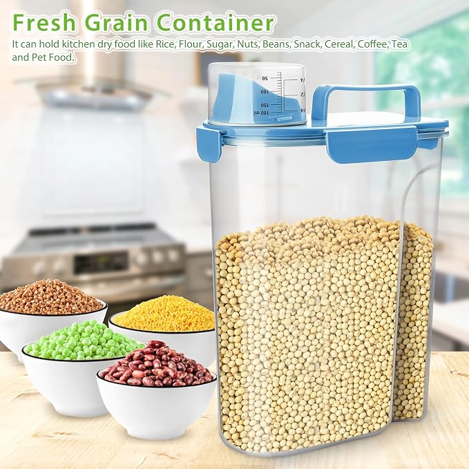 Viretec Rice Storage Container, 5 to 10lb Dry Food Airtight Dispenser, Pet Dog Cat Food Canister, BPA Free Clear Plastic Kitchen and Pantry Organization Bin for Oatmeal, Grain, Cereal, Pasta, Flour