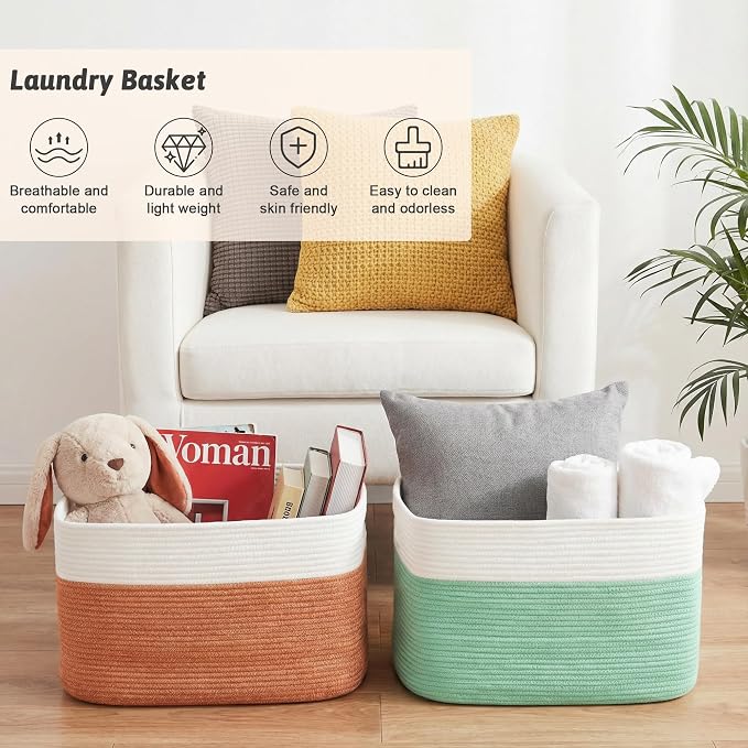 Artfeel Blanket Basket,Rectangle Woven Baskets for Storage,30L Laundry Basket for Decorative Nursery Blanket,Toys,Dirty Clothes and Magazine in Shelves,Baby Room,and Living Room