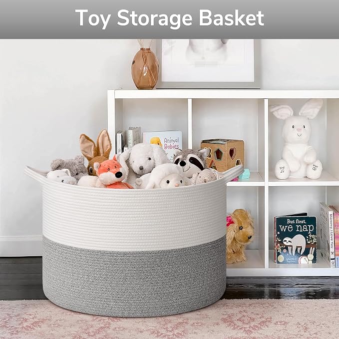 Goodpick Extra Large Woven Blanket Basket Living Room, Toy Bin,115L | 23.5 x 23.5 x 15.8 In Toy Storage Basket for Nursery, Blanket Basket for Living room, Laundry Basket, Light & Grey