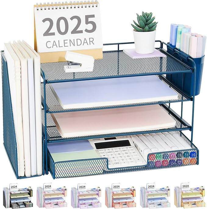 OPNICE Desk Organizer, 4-Tier Desktop File Organizer with Drawer and Pen Holders, Office Desk Accessories, File Sorters, Workspace Organizers for Office Supplies(Dark Blue)