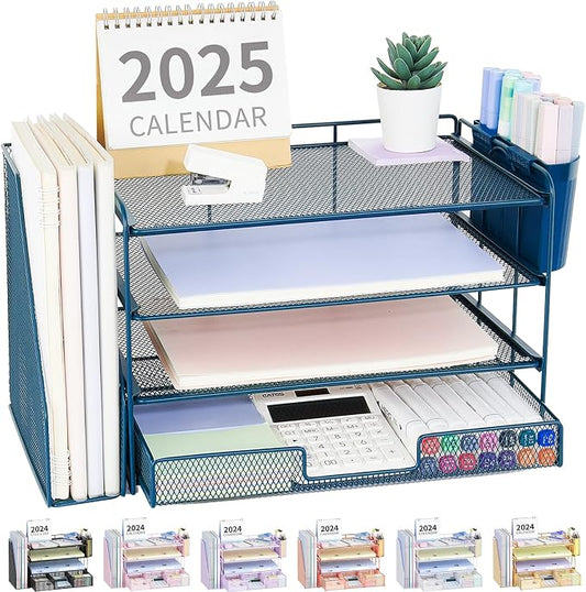 OPNICE Desk Organizer, 4-Tier Desktop File Organizer with Drawer and Pen Holders, Office Desk Accessories, File Sorters, Workspace Organizers for Office Supplies(Dark Blue)