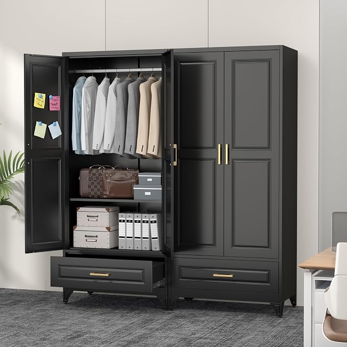 Polup 71" Black Metal Armoire Wardrobe Closet with Doors and 1 Drawer | Heavy Duty Steel Clothing Storage Cabinet, 180lbs Adjustable Shelves, Hanging Rod, for Office, Bedroom, Garage, Laundry