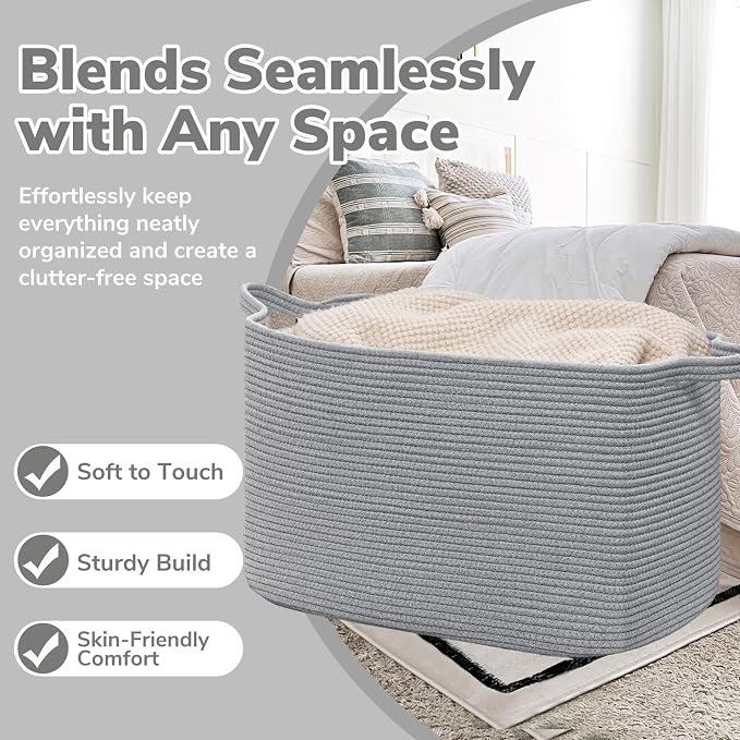 Goodpick 105L Extra Large Woven Blanket Basket, Cotton Rope Storage, Gray | 25 x 16 x 16 in, Rectangle, Blankets, Toys, Pillows & Clothes Storage, Living Room, Bedroom & Nursery Organization