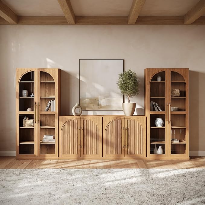 BELLEZE 4-Piece Modular TV Stand Set - 2 Double-Arc Wood Door Sideboards and 2 Tall Storage Cabinets, Classic Modern Media Console with Adjustable Shelves for Living Room(Camel)