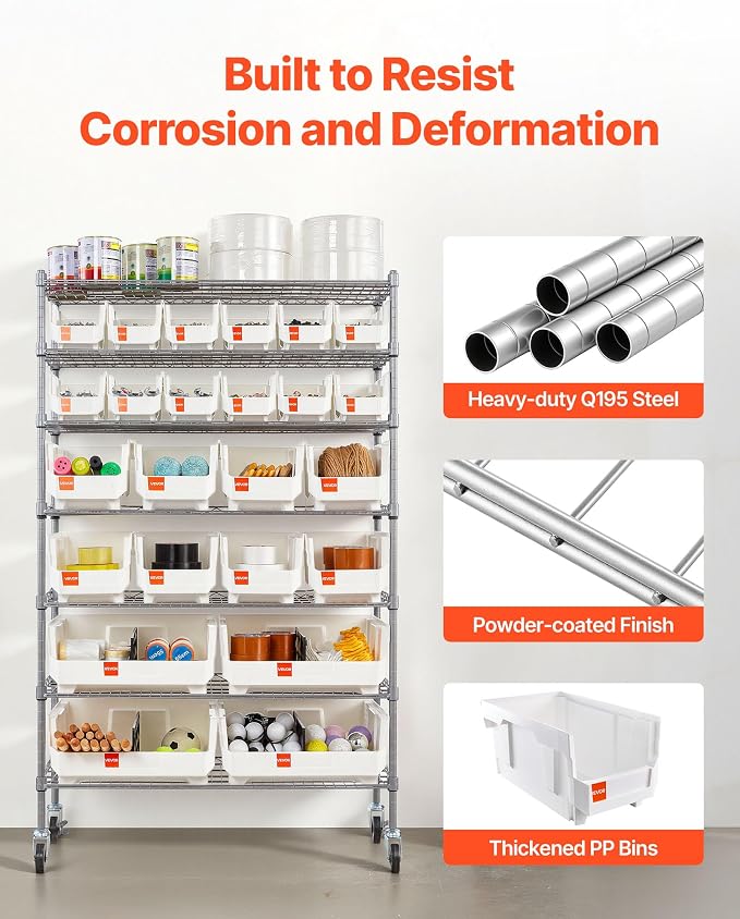 VEVOR 7-Tier Rolling Bin Storage Rack, 24 Organizer Bins, Bin Rack Storage Steel Wire Shelving System with Wheels, Mobile Tool Organizer for Garage, Warehouse, Office, Restaurant, Classroom, Kitchen