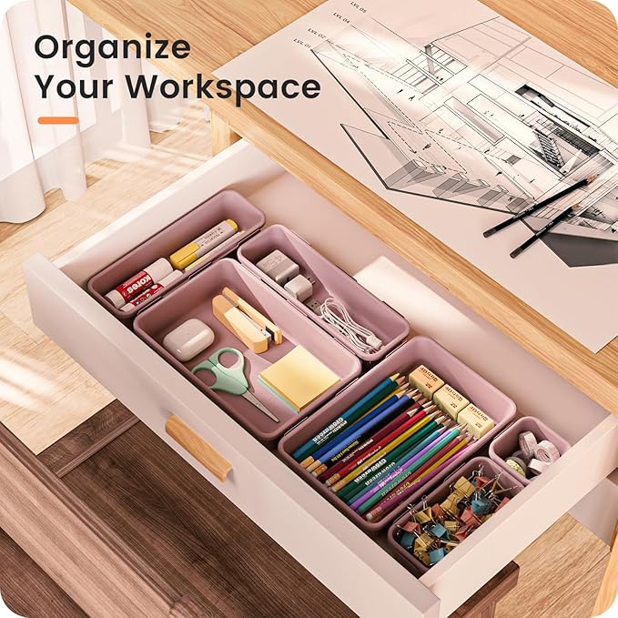 【Military Grade】A-LuGei Drawer Organizer,【𝟱𝗦𝗶𝘇𝗲】Makeup organizer,【Holds 177 Items】Bathroom Organizers and Storage,Organization and Storage,Desk Drawer Organizer for Vanity【Lilac】
