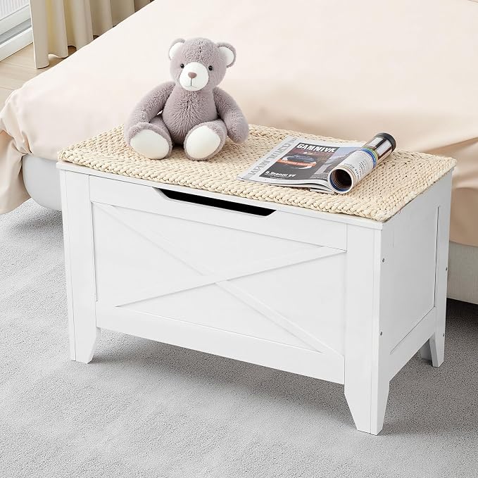 VECELO 30" Storage Chest with Lift Top Storage, Farmhouse Style Ottoman with Handwoven Wicker Cushion, Safety Hinges, Ideal for Entryway, Bedroom, Living Room, Ivory White
