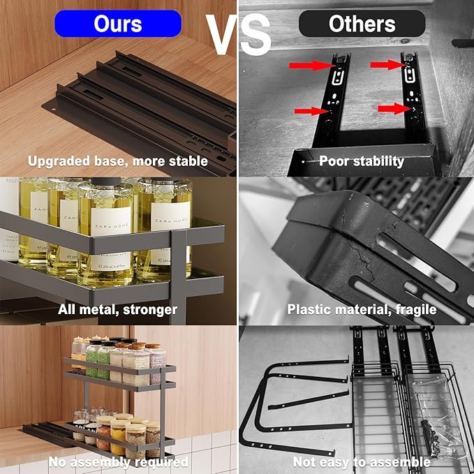 Mustorn Pull Out Spice Rack Organizer for Cabinet, 2 Tier Metal Slide Out Seasoning Organizer and Storage Heavy Duty Vertical Spice Rack Shelf Pullout for Kitchen Cabinets No Drilling(1 Pack, Black)