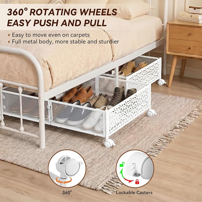 PHINOX Under Bed Storage with Wheels,Patterned,Sturdy Metal,2 Pack,White | Tool-free assembly, glide smoothly, easy reach, foldable, maxmazie low-profile beds, dorm, keep seasonal clothes, shoes fresh