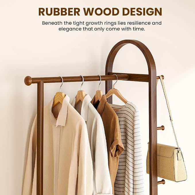 31.5" Wide 3-in-1 Freestanding Clothing Rack,Wooden Coat Rack with 2 Shelves and 6 Hooks,Solid Rubber Wood Coat Rack with Shelves for Entryway, Bedroom, Living Room, Walnut