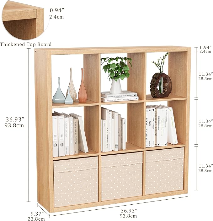 VDNEND Cube Storage Organizer Bookcase, Decorative 11 inch Open Back Cubical Shelf with Thickened Border, Display Bookshelf for Living Room, Home Office, Sturdy Room (Natural Oak, 9 Cube)
