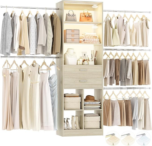 Besiost Closet System, 4-8 FT Closet Organizer System with Smart Sensor Lights, 2 Wooden Drawers and 5 Hanging Rods, Can Fit 60 to 96 inch Walk-in Closet System, Greige Oak