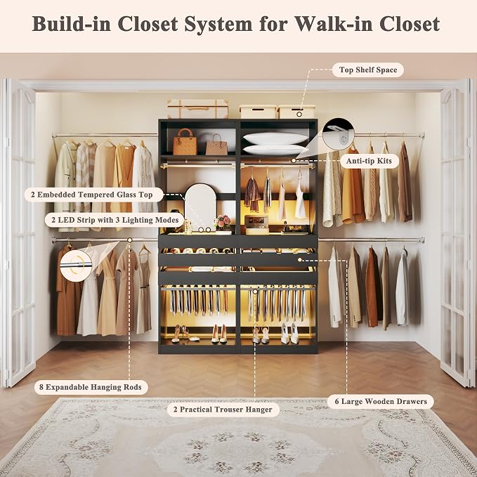 Closet System Set of 2, 5.7-10.4FT Closet Organizer System with 6 Wood Drawers & 2 LED Glasstop, Wood Walk-in Closet with 10 Hanging Rods & 2 Trouser Rack, Built-in Garment Rack with Shelves, Black