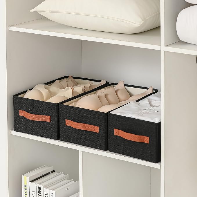 linen closet organizers and storage, 3 Pack Large Storage Baskets, Washable, Clothing Storage Bins with Handle, Closet Organizer for Storage Sweater,Sheets (Black, 16" x9½x6¾)