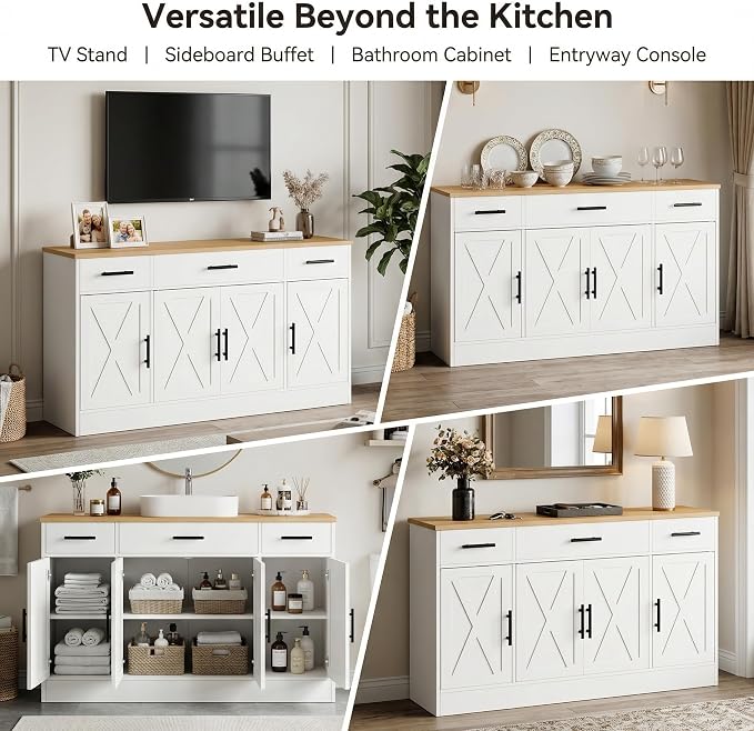 Buffet Sideboard Cabinet with 4 Doors, Farmhouse Kitchen Storage Cabinet with Adjustable Shelves, Freestanding Coffee Bar Cabinet for Dining Room, Living Room & Kitchen, Classic White