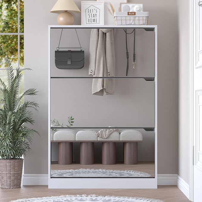 BORNOON Shoe Cabinet with 3-Flip Mirror Drawers, Freestanding Shoe Rack Organizer with Hidden Handle, Slim Narrow Shoe Storage Cabinet for Entryway, Entrance, Hallway, Bedroom