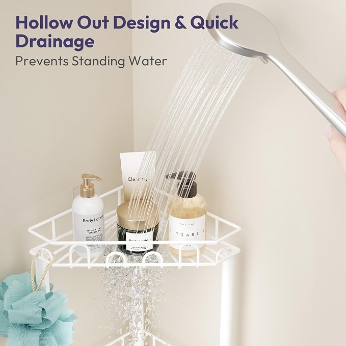 SWTYMIKI Standing Shower Caddy Corner - 3‑Tier Stainless Steel Shower Organizer Shelf with 12 Hooks and Adhesive Pads, Rustproof Corner Shelves Stand Rack for Bathroom Shower Room, white