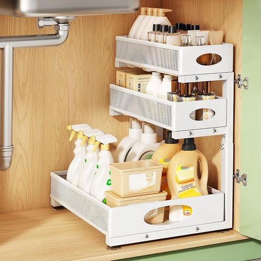 Kitstorack Under Sink Organizer 3-Tier Slide Out Drawer for Bathroom 1-Pack | Height Adjustable, Metal Mesh Storage Rack, Pull out Cabinet Organizer Shelf for Kitchen Pantry Home Laundry Organization