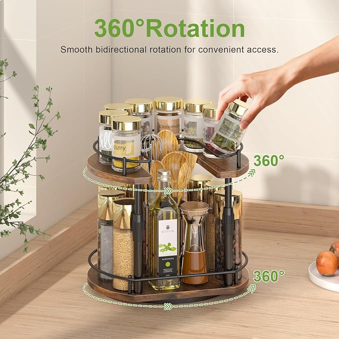 Across-Star Lazy-Susan-Spice-Rack -Organizer For Cabinet With Adjustable Height, 12 inch Rotating Seasoning Holder Spice Organization For Pantry, 2-Tier Kitchen Counter Shelf Countertop Organizer