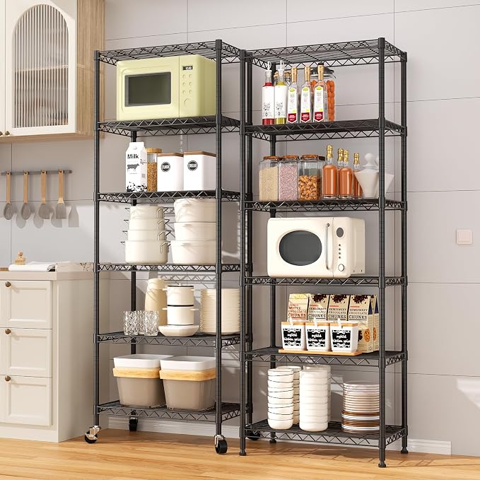 6-Tier Wire Rack Shelving,Metal Shelf Racks with Lockable Wheels, Black | 21.3" Wx11.4 Dx73 H,Height Adjustable Wire Storage Shelves for Narrow Space/Kitchen/Pantry/Laundry/Office/Closet
