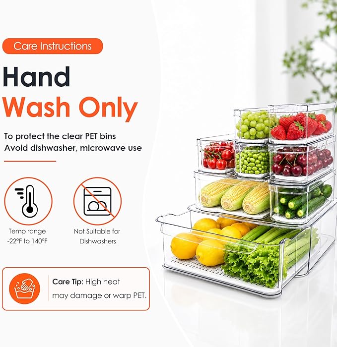 SMRCAD 8 Pack Clear Fridge Organizer Bins with Drain Trays - Stackable | BPA-Free PET, 8 Pack: 1 Drawer + 7 lidded Bins, Helps Keep Produce Fresh, 18.3L Capacity, Hand Wash Only