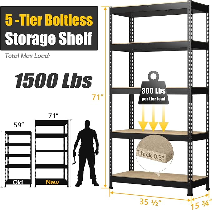 PrimeZone 71"H Storage Shelves, 5 Tier Adjustable Metal Shelf, 5 PCS, Black | 35.5"W x 15.75"D x 71"H, Heavy Duty Metal Connectors, FSC Wood Board, Easy Assembly, Standing Rack for Warehouse, Basement