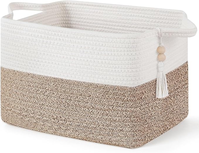 Mkono Woven Storage Basket, Cube Cotton Rope Basket for Shelves, 13"x10"x9" | Organizes Shoes Clothes Toys Towels Books, Gift Basket, Wooden Beads Tassel, Rectangle Bin, Fits Entryway Bedroom Living Room
