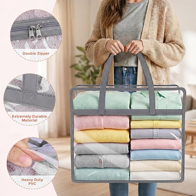 6 Pack Clear Storage Bags for Clothes, 40L Closet Organizers and Storage | Plastic storage with zipper and handle, moving bags, under-bed storage, closet organizer for blankets, comforters, toys