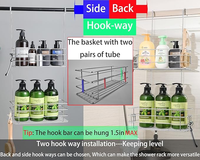 2-Tier Shower Caddy Hanging Shower Organizer Rack with Hooks Over The Door