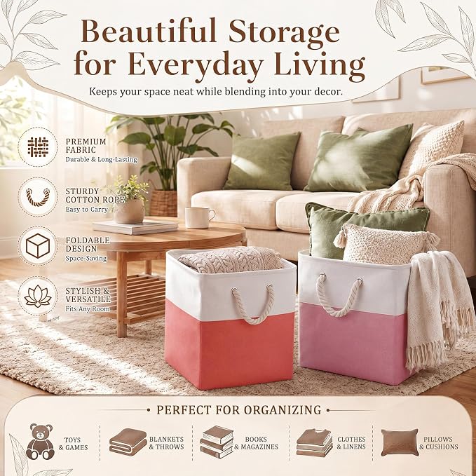 Geiserailie 6 Pcs 13 x 13 Inch Cube Storage Bins Fabric Storage Organizer Bins Foldable Cube Baskets with Sturdy Carry Handles Wicker Baskets for Home(Pink, Color Block)