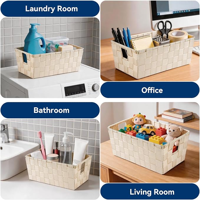 Whitmor Small Woven Storage Baskets for Shelves - Decorative Bathroom Organizer Bins with Metal Structure, Versatile Shelf Storage Solution for Home Organization & Closet (Latte)