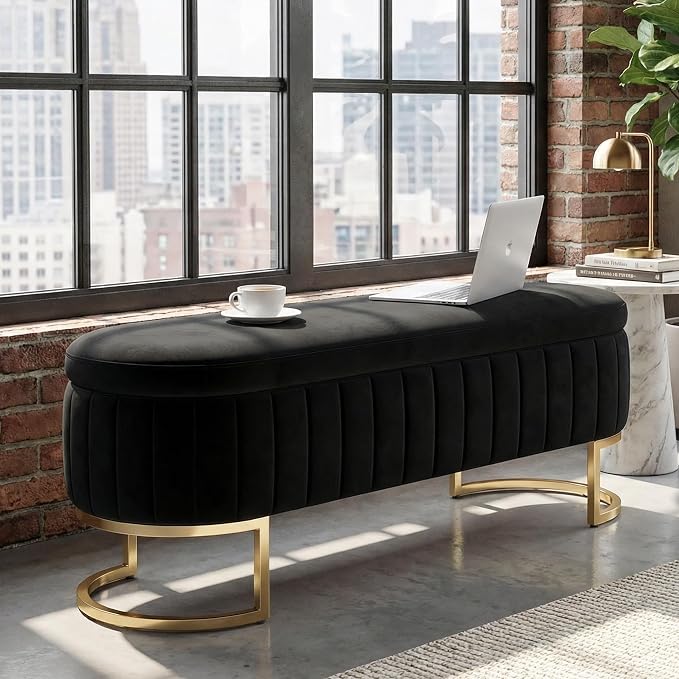 51" Velvet Storage Ottoman Bench End of Bed for Bedroom Entryway Black