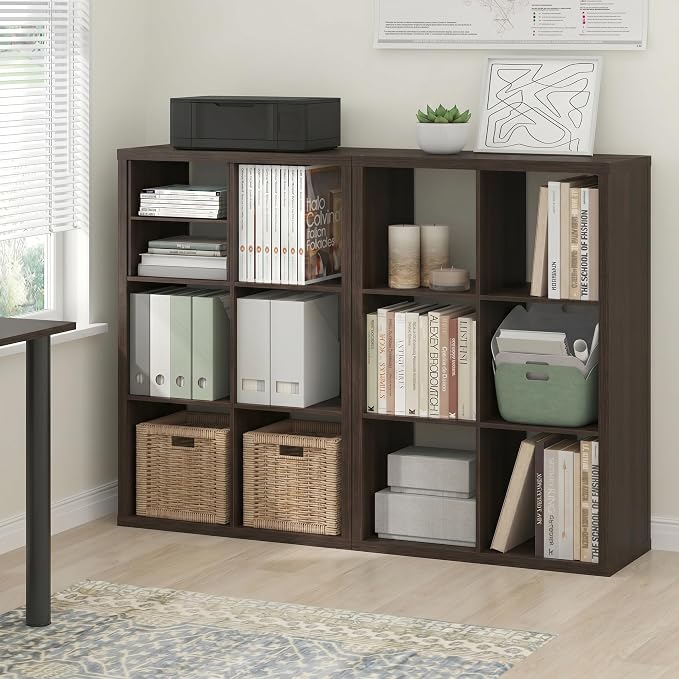 Furinno Cubicle Book Shelf Set of 2, 6-Cube Bookshelf, Black Dark Oak | 14.6 x 43.8 x 30, 1.2" Thick, Horizontal & Vertical Reversible Bookcase with Open Back, for Living Room, Bedroom, Home Office