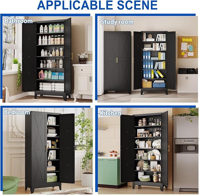 71" Metal Storage Cabinet with 2 Doors and 4 Adjustable Shelves,Black Farmhouse Kitchen Pantry Cabinet,Steel Garage Tool Cabinet,File Cabinetfor Home,Office,Dinning Living Room,Warehouse