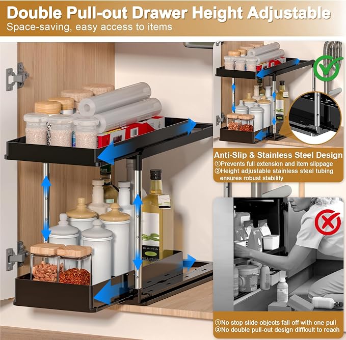 NIUXX Expandable Under Sink Organizer: 2 Tier Height Adjustable | Under Cabinet Organizer - Double Pull Out Shelf Under Sink Storage for Kitchen - Bathroom and Laundry Room - Space Saving